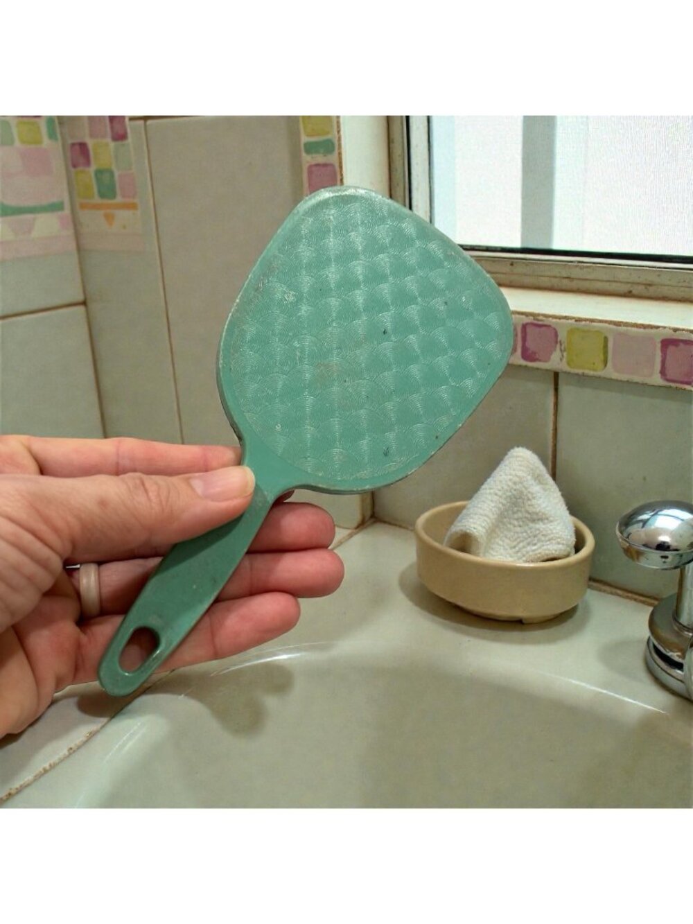 Vintage Goody Handheld Vanity Mirror Mini Aqua Green USA Ladies Bathroom Makeup